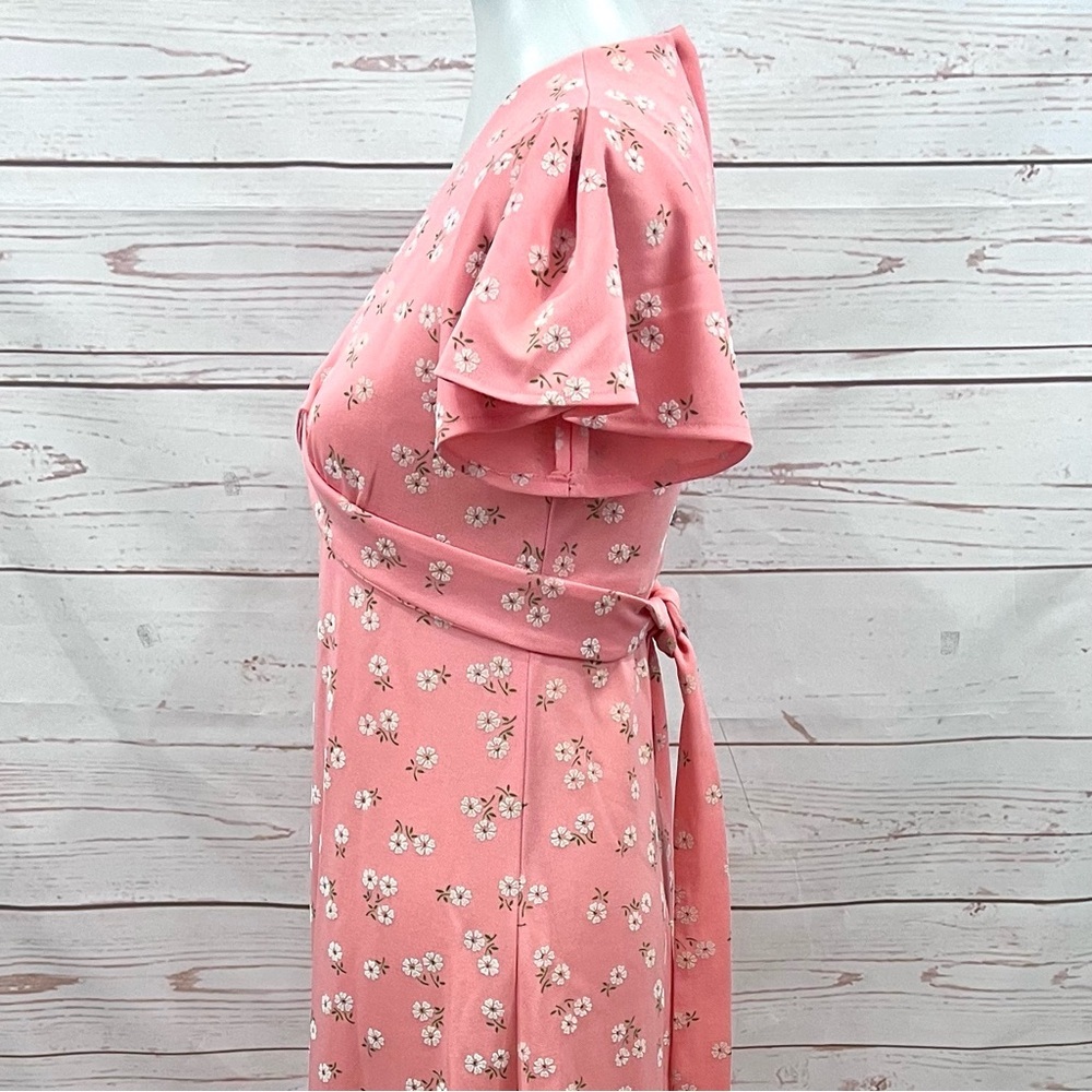 Vintage Coral Peach Ditzy Floral Daisy Cottagecore Flutter Sleeve Maxi Dress - Picture 6 of 11